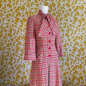 Vintage Red Green White Houndstooth Xmas Knee Length Dress with Pockets - XS/S
